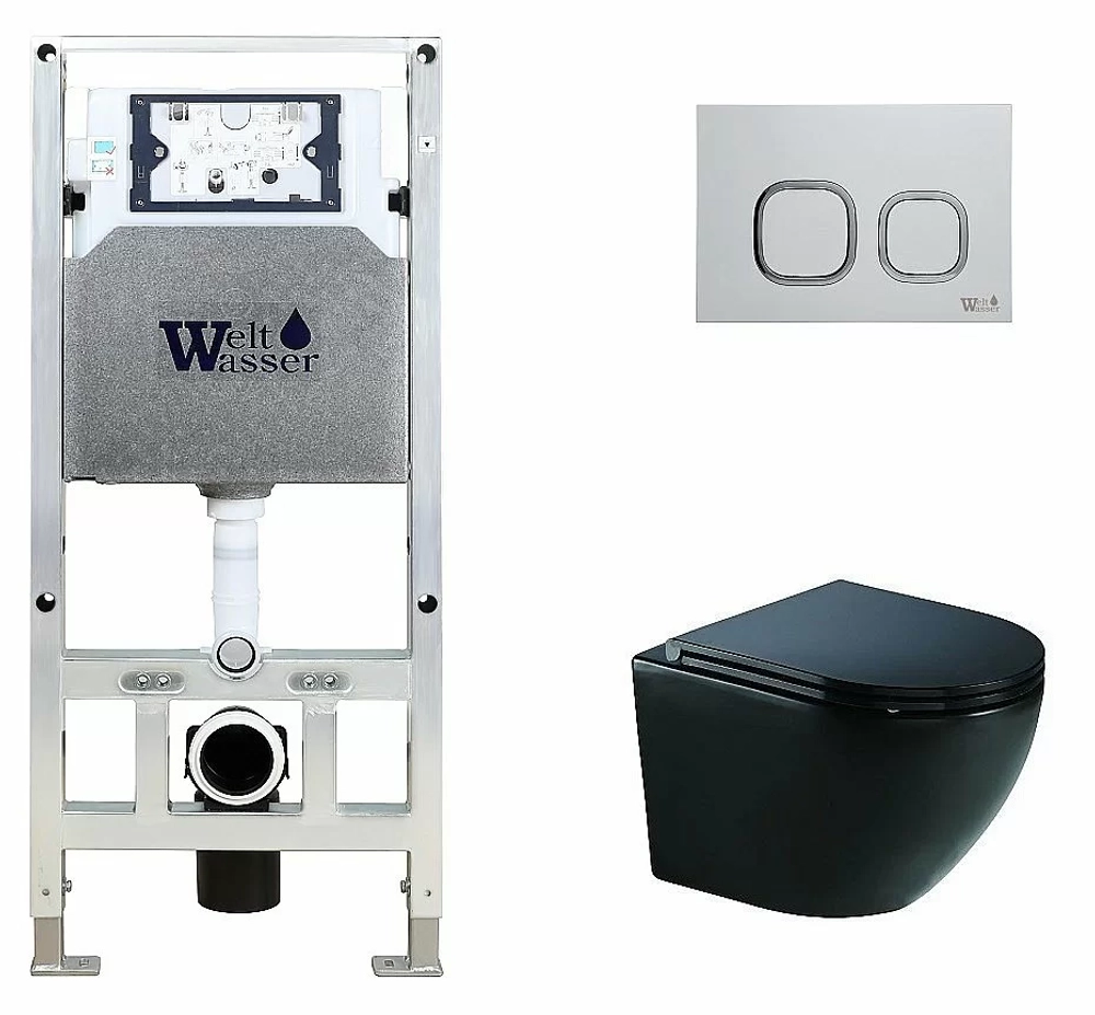 Унитаз подвесной WeltWasser AMBERG 506 ST+MERZBACH 041 XL MT-BL+AMBERG RD-WT черный матовый, безободковый, с крышкой микролифт, слив-торнадо, с инсталляцией и белой кнопкой