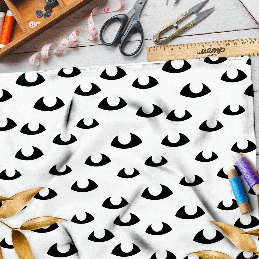 Ткань габардин чёрные глаза на белом фоне
