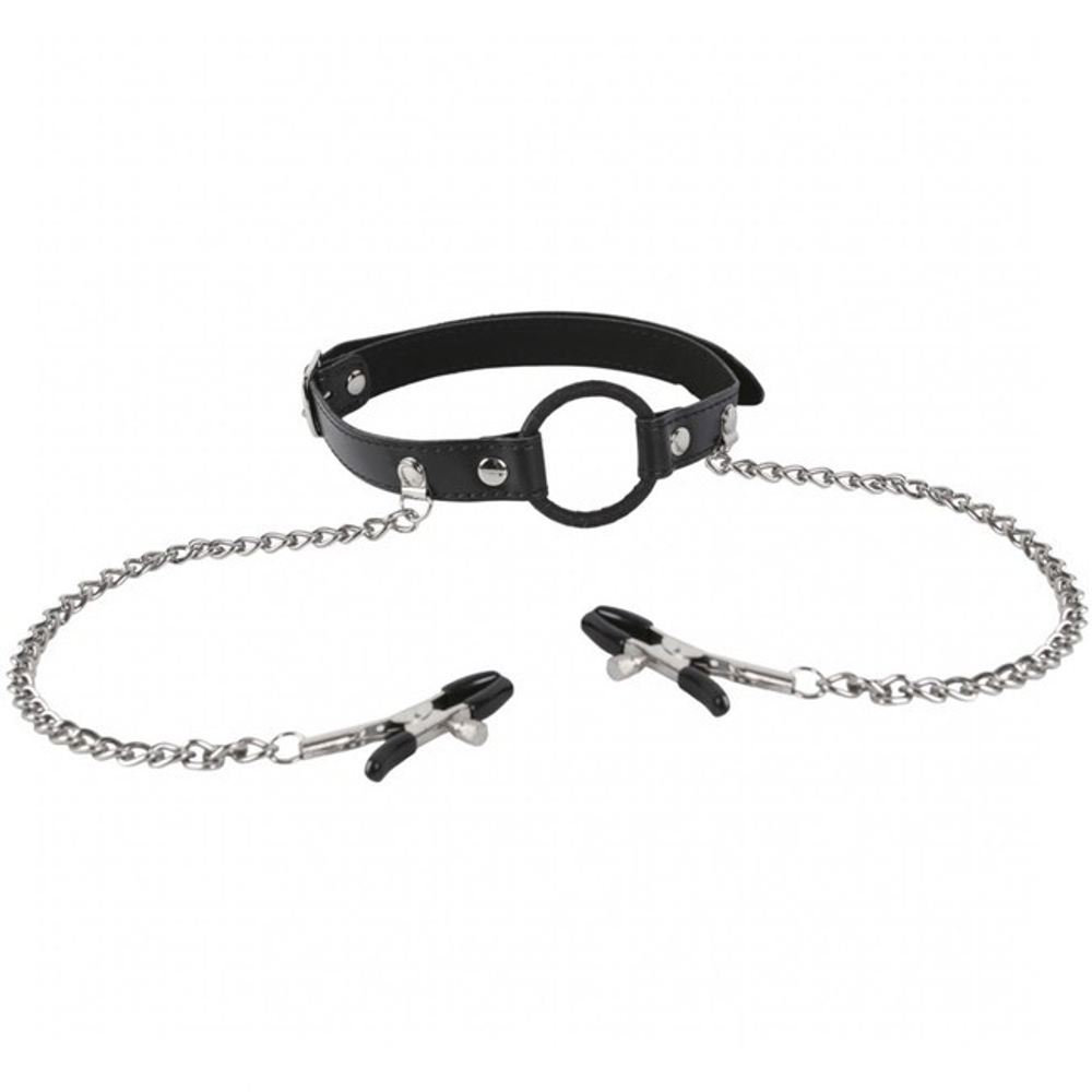 Кляп с зажимами для сосков (Цвет: черный)