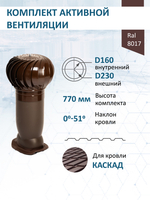 Комплект активной вентиляции: Вентиляционный выход изолированный Vilpe D160/225 утепленный высота H=500 мм, проходной элемент ТР-87/К для металлочерепицы Каскад, турбодефлектор Ø 230 мм, коричневый