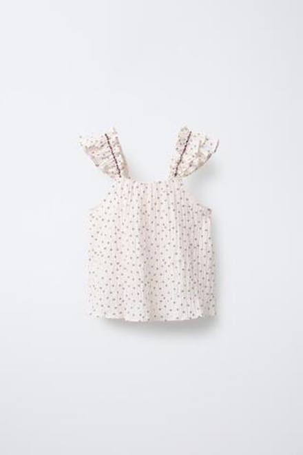 ZARA ТОП С ПРИНТОМ И КИСТЯМИ, СВЕТЛЫЙ ЭКРЮ