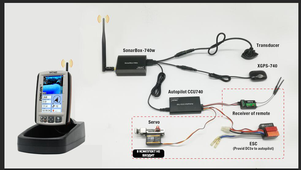 БЕСПРОВОДНОЙ ЦВЕТНОЙ ЭХОЛОТ FISH-FINDER TF-740 LI-ION GPS+XPILOT