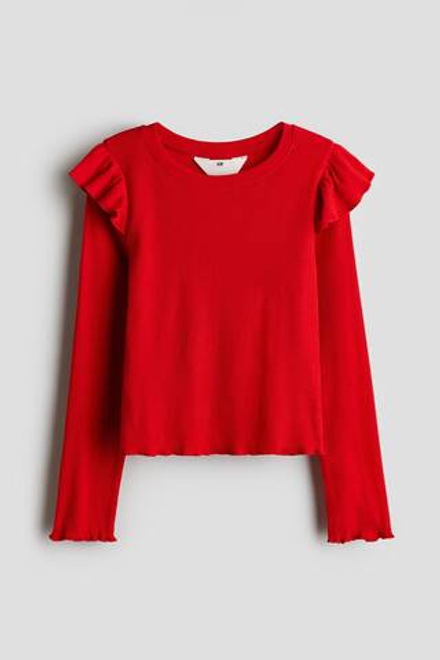 H&M Лонгслив в рубчик с рюшами, красный