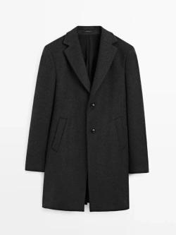 Massimo Dutti Длинное пальто из 100% шерсти с лацканами, маренго