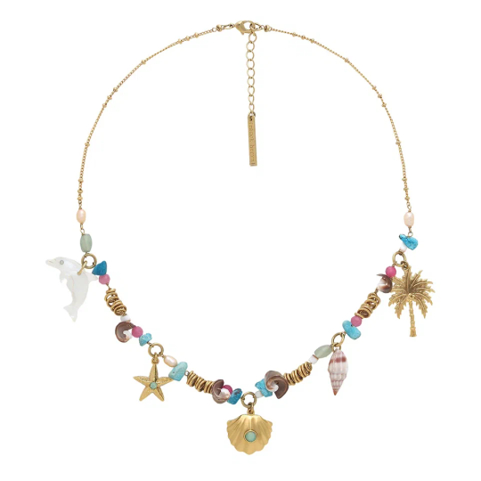 Колье Franck Herval, Summer, с ракушками, нефритом, жемчугом, перламутром, бирюзой и кристаллами, FH