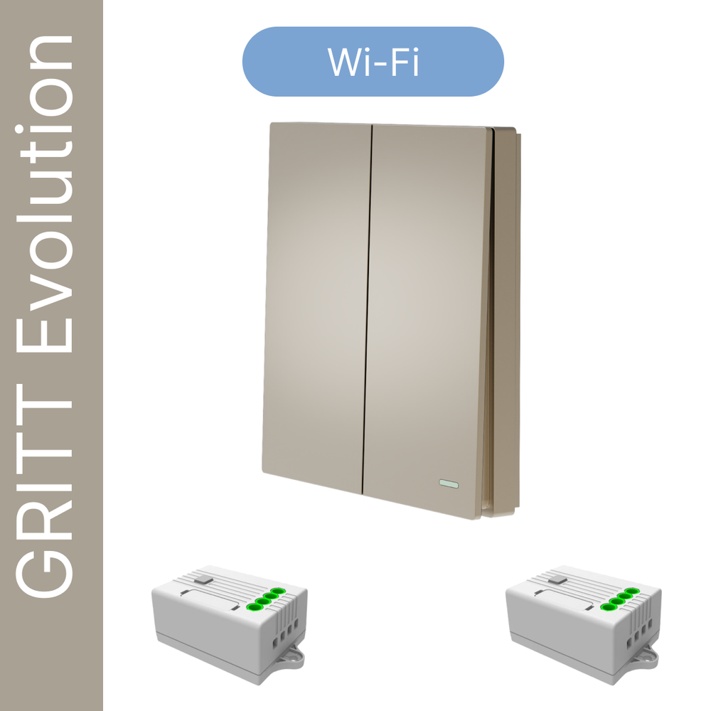Умный беспроводной выключатель GRITT Evolution 2кл. золотистый комплект: 1 выкл. IP67, 2 реле 1000Вт 433 + WiFi с управлением со смартфона, EV221220GWF