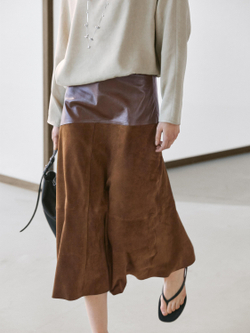 Massimo Dutti Юбка из замшевой кожи наппа с асимметричной кокеткой, коричневый