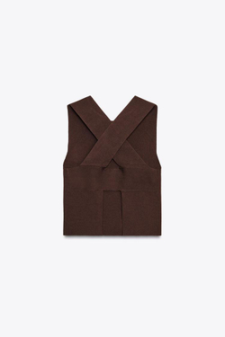 ZARA ТРИКОТАЖНЫЙ ТОП С ВЫРЕЗОМ НА СПИНЕ, КОРИЧНЕВЫЙ