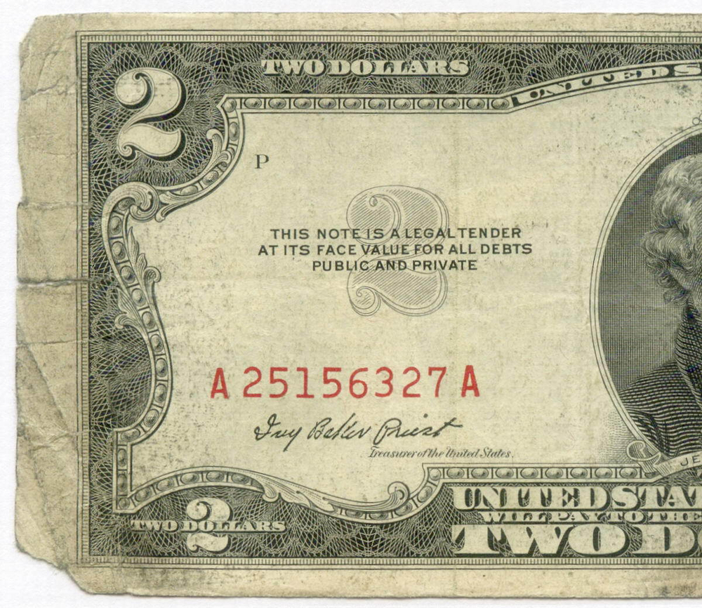 Банкнота США 2 доллара 1953 A 25156327 A. VG-