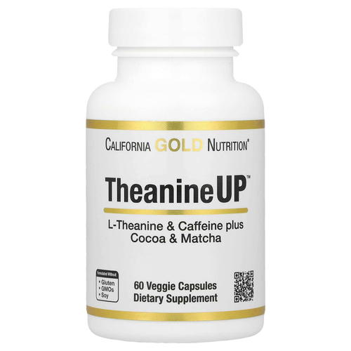 California Gold Nutrition, TheanineUP™, L-теанин, кофеин, какао и матча, 60 растительных капсул