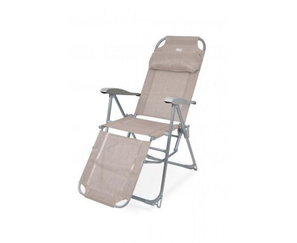 Складное кресло-шезлонг с подножкой и мягким подголовником для комфортного отдыха на открытом воздухе и в помещении