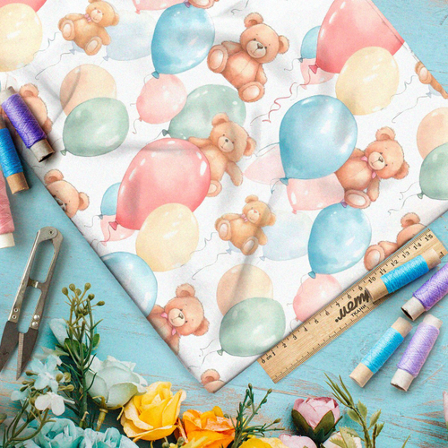 Ткань премиум шелк искусственный Армани игрушечные медведи с разноцветными шарами