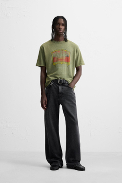 ZARA ТРИКОТАЖНАЯ ФУТБОЛКА С ПРИНТОМ, ЗЕЛЕНЫЙ