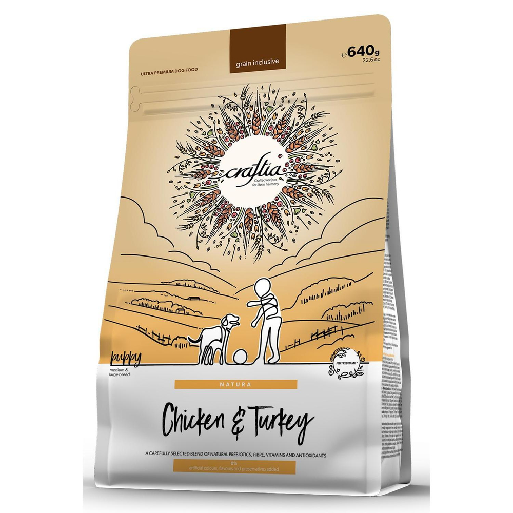 Корм для щенков Craftia Natura, 640 г, курица  и индейка