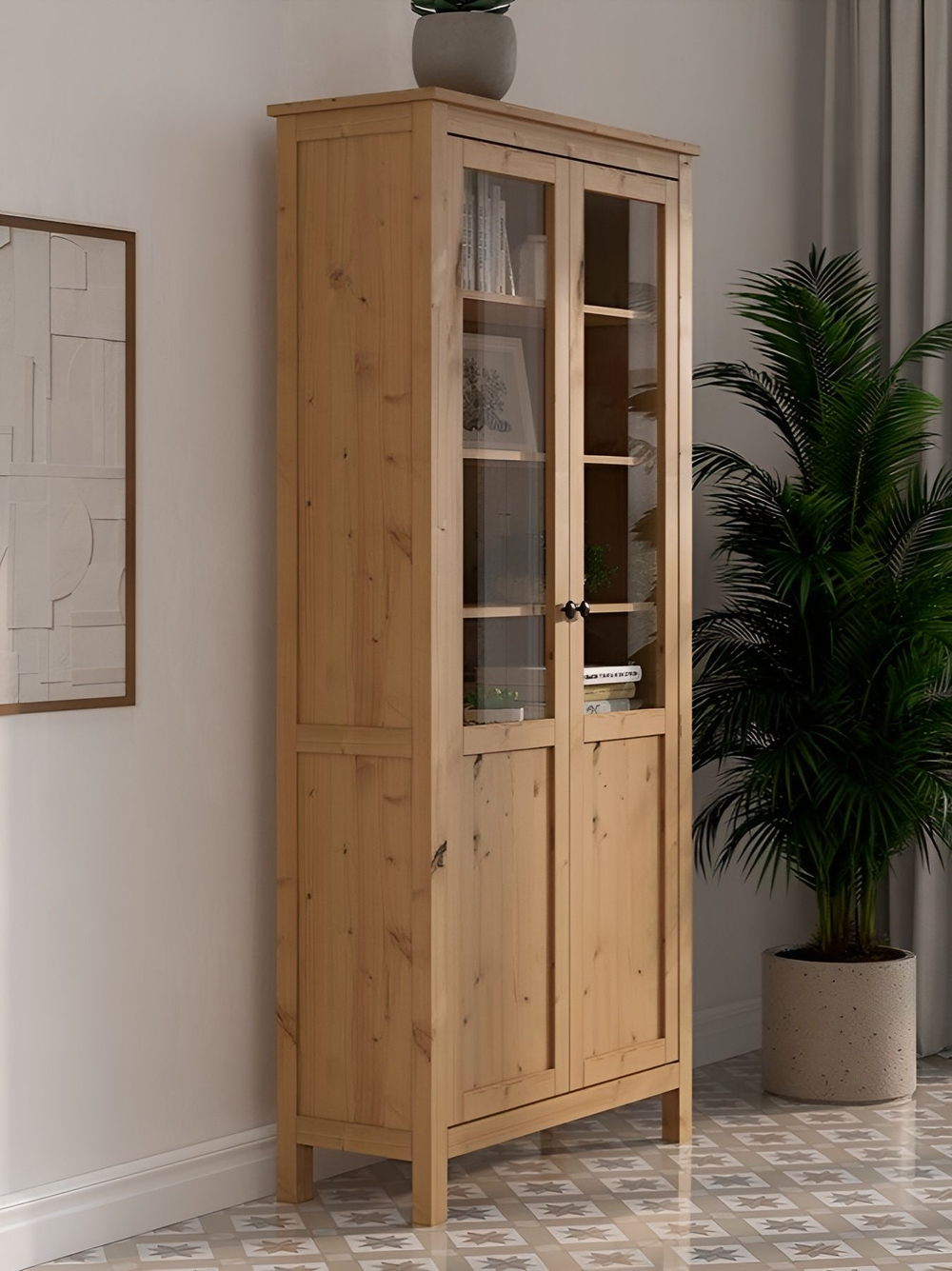 IKEA Шкаф-витрина HEMNES стекло/стекло, 198х90х37, белый/св-коричневый, из массива дерева, КЫМОР (ХЕМНЭС ИКЕА), массив сосны