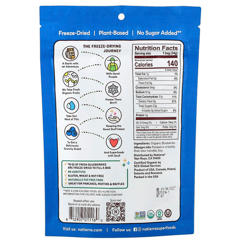 Natierra, Органическая сублимированная голубика, 34 г (1,2 унции)