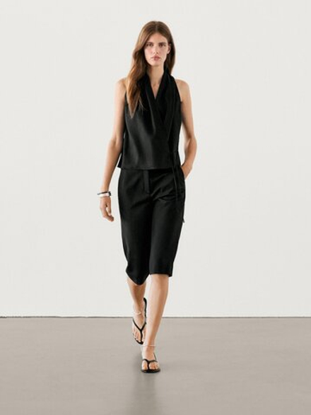 Massimo Dutti Топ из смесового льна с горловиной халтер и завязками, черный