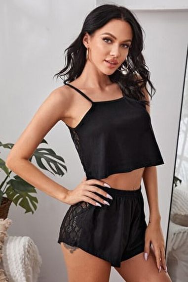 Qadın üçün qara pijama dəsti atlas DT1593