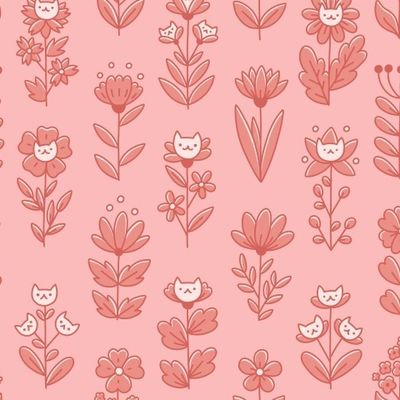 Коты и цветы. Скандинавский узор на розовом фоне