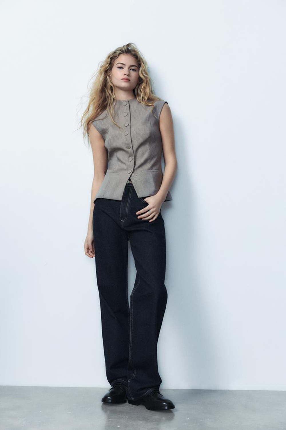 ZARA ТОП В КЛЕТКУ С ПУГОВИЦАМИ, БОРДОВЫЙ/ЭКРЮ