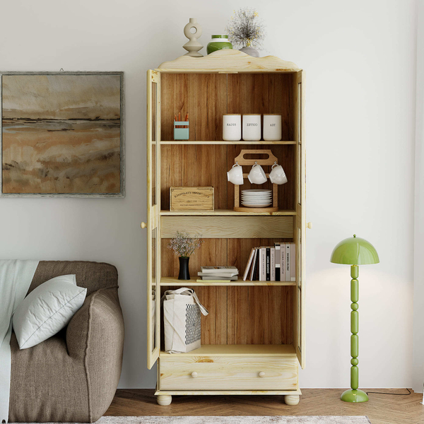 Шкаф витрина 2 двери 1 ящик Бритта из массива сосны, бежевый, в лаке