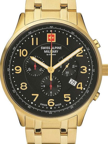 С браслетом Мужские наручные часы с золотым браслетом Swiss Alpine Military 7084.9117 Chronograph 43mm 10ATM
