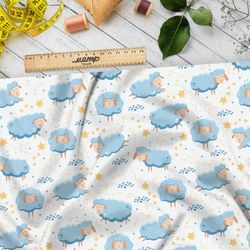 Ткань лен голубые овечки