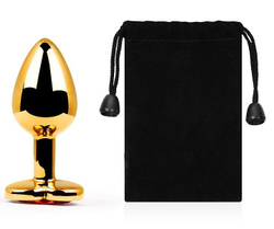 Золотистая анальная пробка с красным стразом-сердечком - 8 см.