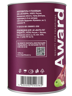 Влажный корм AWARD для взрослых собак паштет из ягненка с яблоком 400г