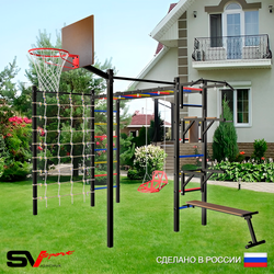 Уличная шведская стенка Sv Sport рукоход с комплектом турник прямой 2шт У5436К (Турник/Брусья/Стойка/Скамья/Со спинкой/Щит баскет/Сетка)