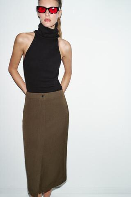 ZARA ЮБКА-КАРАНДАШ МИДИ, ТАБАЧНЫЙ