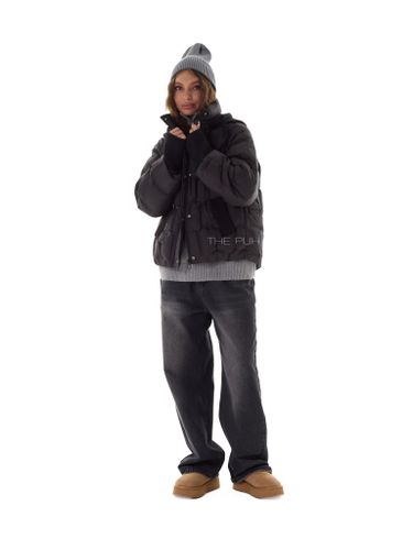 Тонкий пуховик с вязаным капюшоном в черном цвете