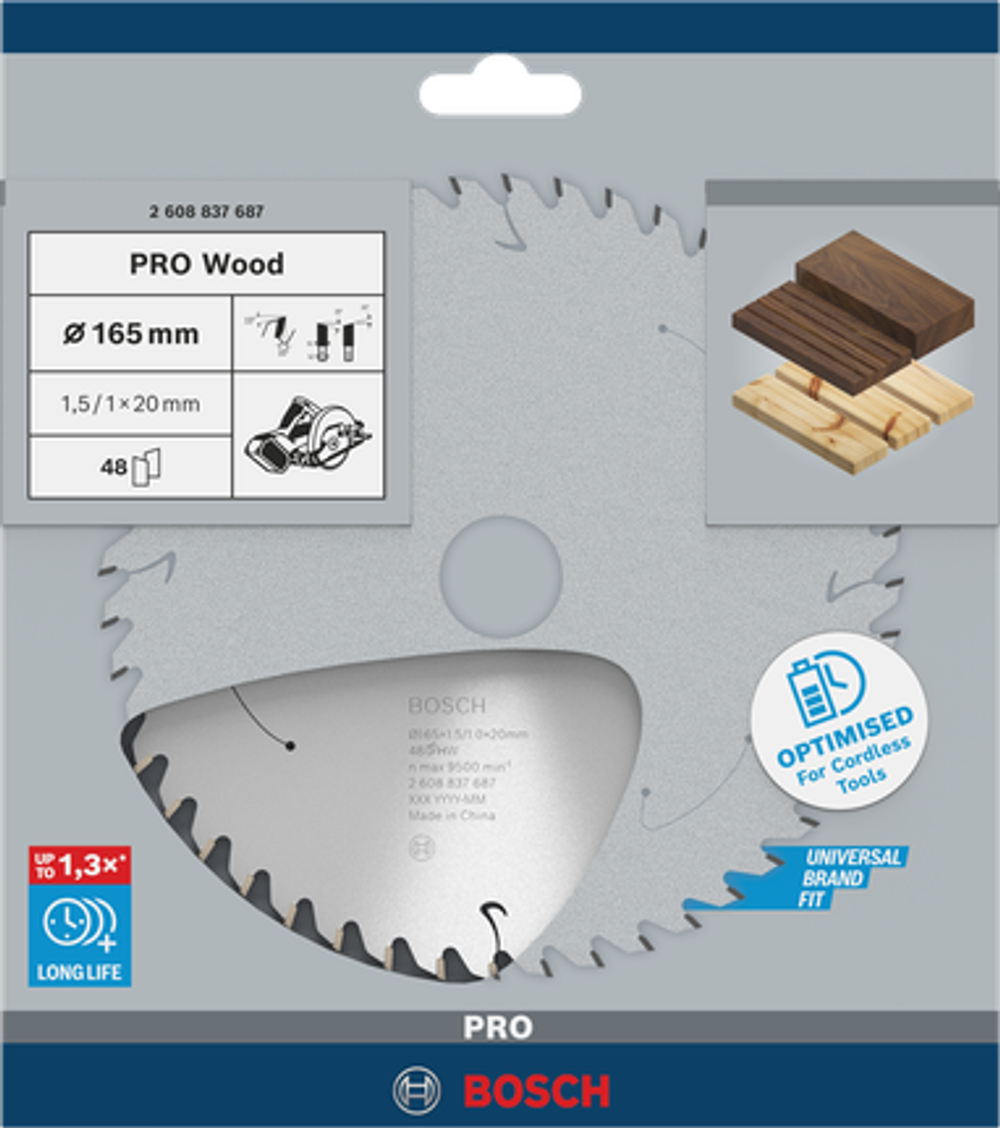 Циркулярный диск PRO Wood Cordless 165x1.5x20мм 48T BOSCH 2608837687