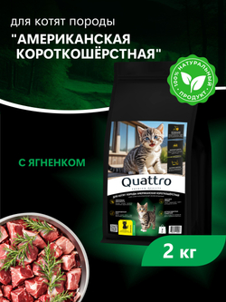Корм сухой для котят породы Американская короткошёрстная, с ягненком, 2 кг, QUATTRO