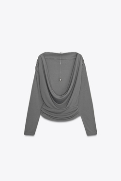 ZARA ТОП СО СБОРКАМИ, ОТКРЫТОЙ СПИНОЙ И УКРАШЕНИЕМ, СЕРЫЙ