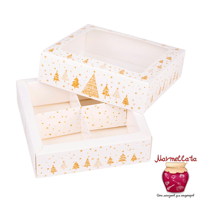 Упаковка для 4 конфет с крышкой ЗОЛОТЫЕ ЕЛОЧКИ 126*126*35 мм