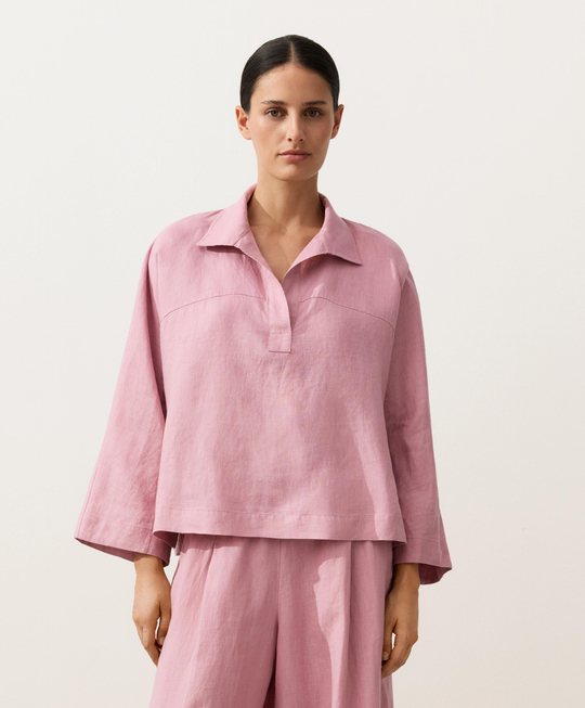 Oysho Рубашка-поло оверсайз с длинными рукавами из 100%-го льна, светло-розовый