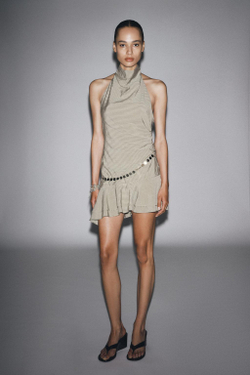 ZARA КОРОТКОЕ ПЛАТЬЕ-ХАЛТЕР В ПОЛОСКУ С ПОЯСОМ, БЕЖЕВО-КОРИЧНЕВЫЙ