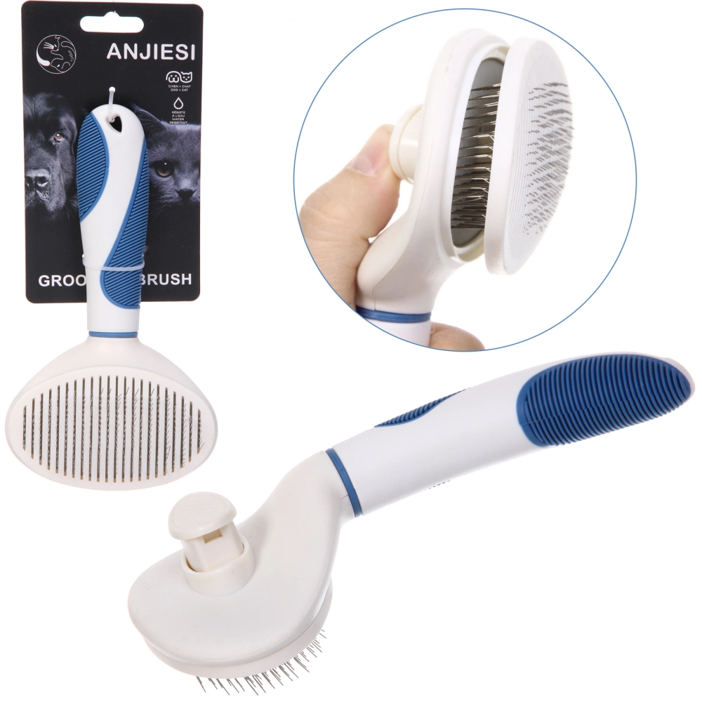 Расческа - пуходёрка для животных «ЛАПУСИКИ», коллекция БРО, прорезиненная ручка, цвет белый/голубой, 11.5*21.5см (блистер)