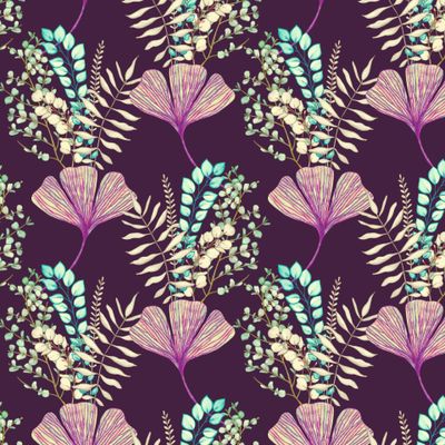 Seamless pattern of Gingko and from a branch with eucalyptus leaves.
