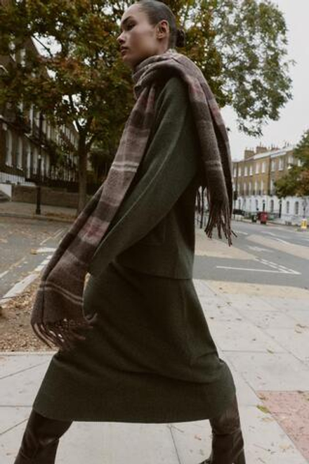 ZARA ШАРФ В КЛЕТКУ С БАХРОМОЙ, РЫЖЕВАТО-КОРИЧНЕВЫЙ