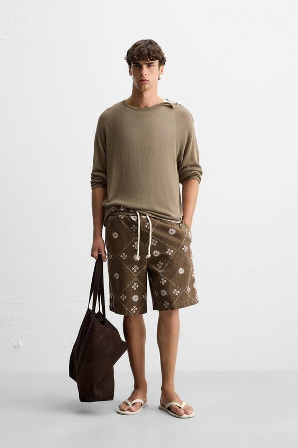 ZARA ШОРТЫ-БЕРМУДЫ С КОНТРАСТНЫМ ПРИНТОМ, ТЕМНЫЙ ХАКИ