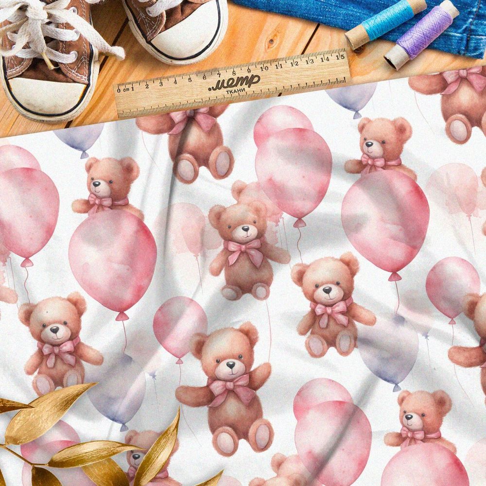 Ткань премиум шелк искусственный Армани медведи с акварельными шарами