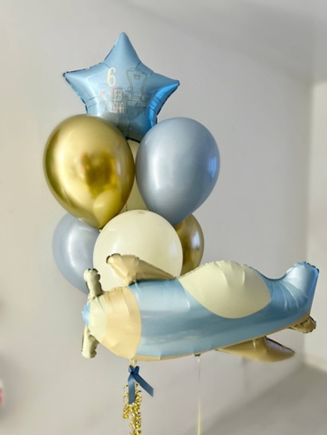 Воздушные гелиевые шарики с доставкой по Хабаровску на полгодика самолет золото/песок/пыльно-голубой/№4416
