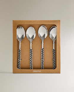 ZARA HOME НАБОР ДЕСЕРТНЫХ ЛОЖЕК С ПЛЕТЕНЫМИ РУЧКАМИ (4 ШТ.), СТАЛЬНОЙ СЕРЫЙ