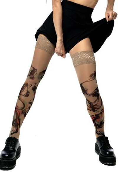 Чулки с принтом в виде цветных всполохов (Размер: S-M-L) (Цвет: бежевый)