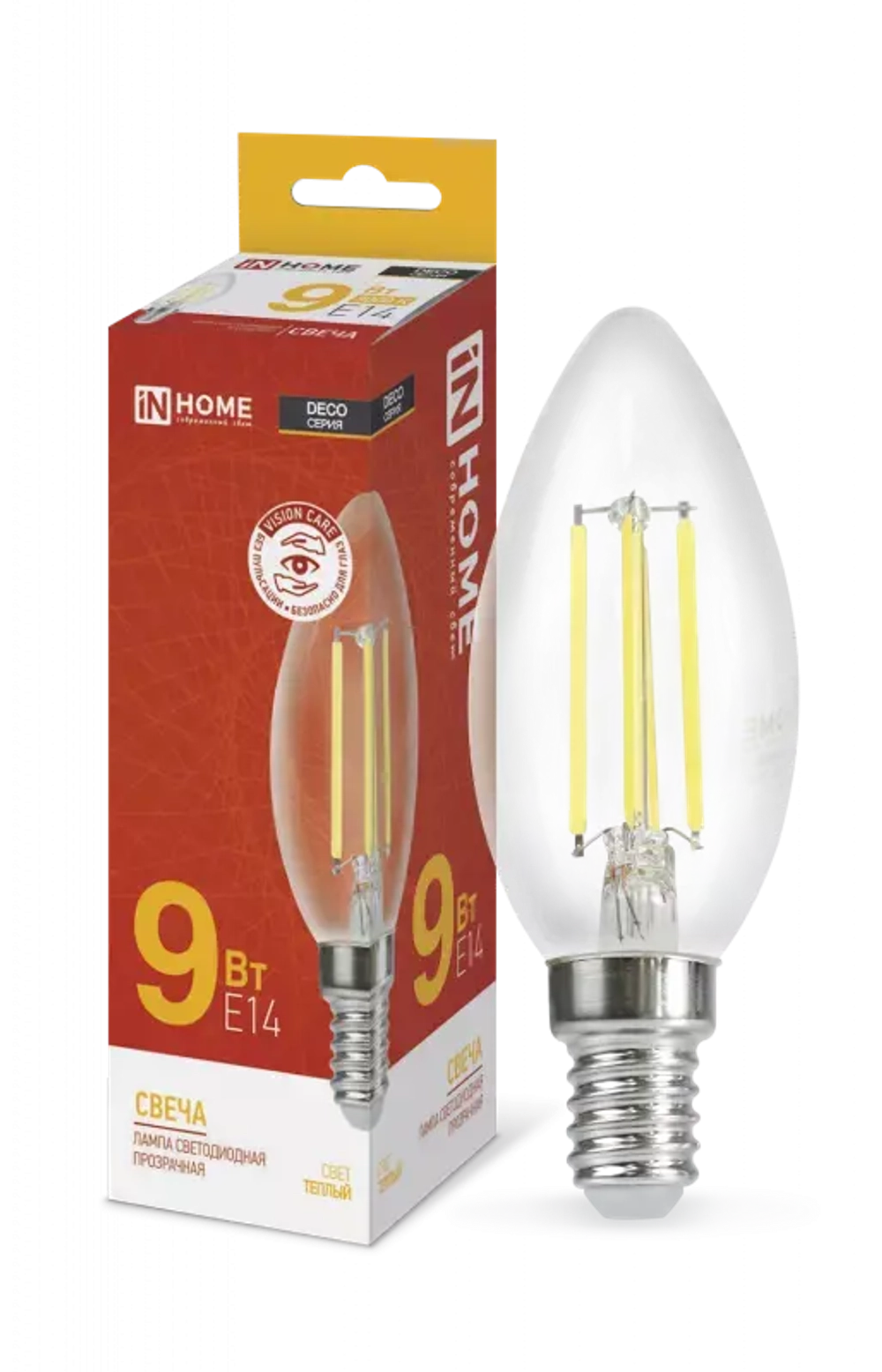 Лампа светодиодная LED-СВЕЧА-deco 9Вт 230В Е14 3000К ТЕПЛЫЙ 1040Лм прозрачная IN HOME