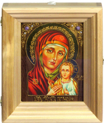 Икона Божией Матери "Петровская" на мореном дубе 15х20 см с нимбом из сусального золота в березовом киоте, 20х15см