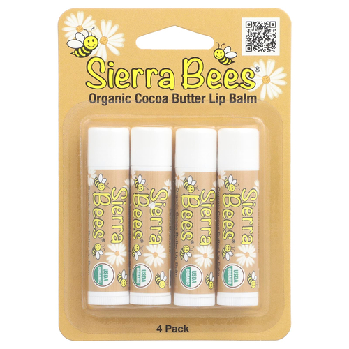 Sierra Bees, Органические бальзамы для губ, какао-масло, 4 штуки в упаковке весом 0,15 унции (4,25 г) каждая