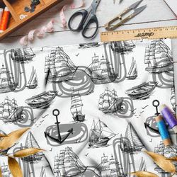 Ткань муслин чёрные эскизы кораблей на белом фоне